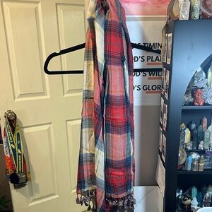 Hollister Red and Blue Plaid Scarf with Tassels